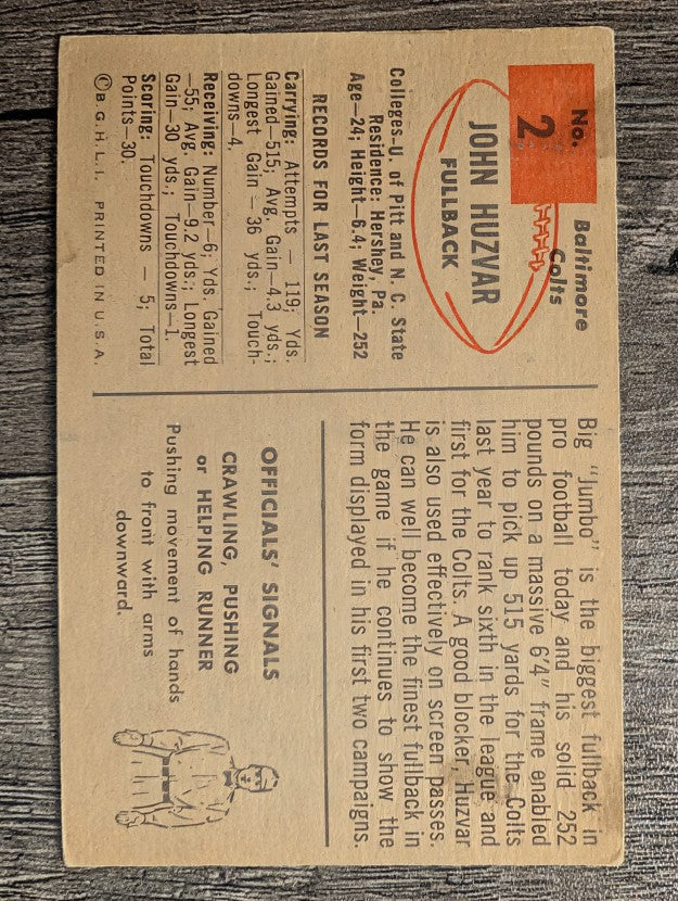 1954 Bowman #2 John Huzvar RC (VGEX)