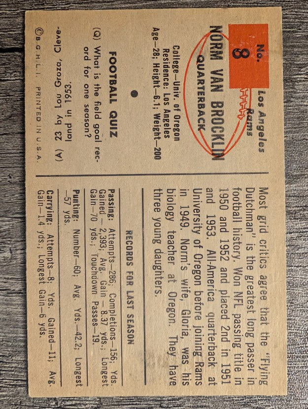 1954 Bowman #8 Norm Van Brocklin (EX)