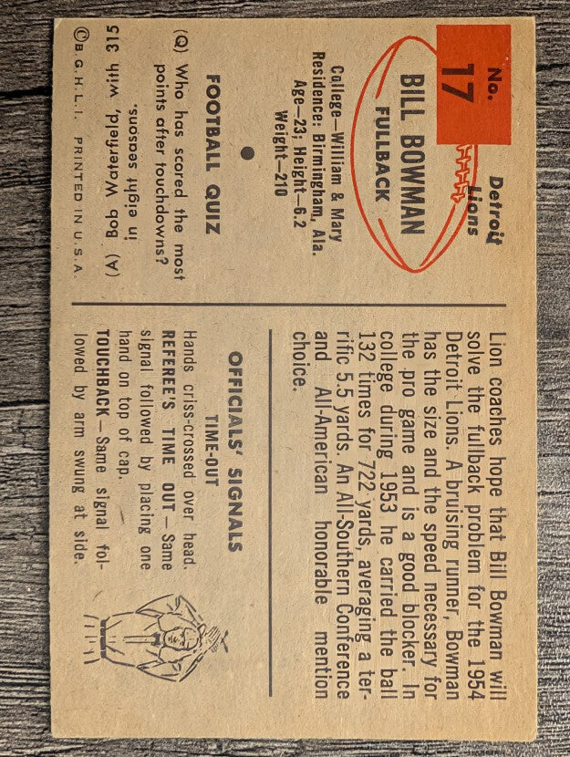1954 Bowman #17 Bill Bowman RC (EX)
