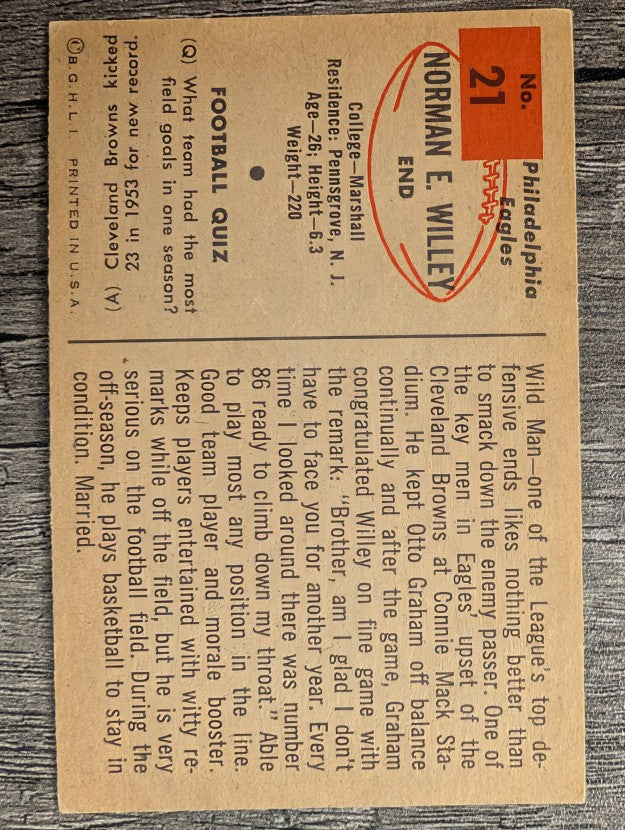 1954 Bowman #21 Norm Willey RC (VGEX)