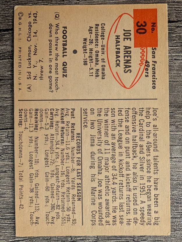 1954 Bowman #30 Joe Arenas RC (VGEX)