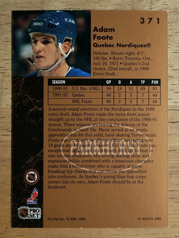 1991-92 Parkhurst #371 Adam Foote RC