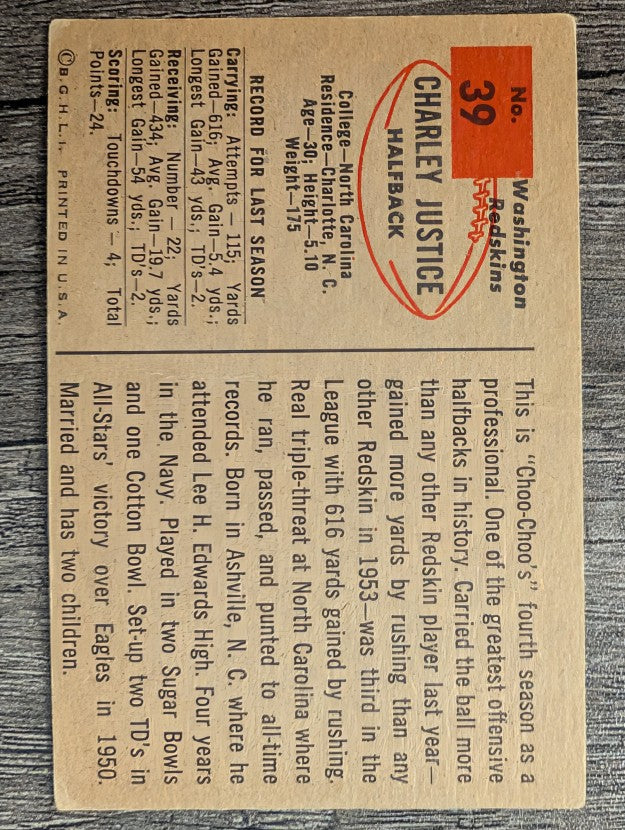1954 Bowman #39 Charlie Justice (VG)