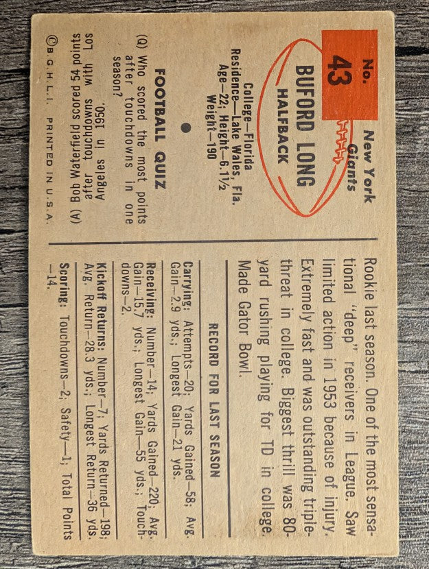 1954 Bowman #43 Buford Long RC (VGEX)