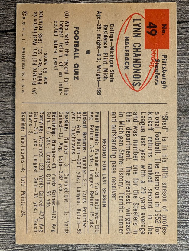 1954 Bowman #49B Lynn Chandnois COR/Name spelled Chandnois (EX)