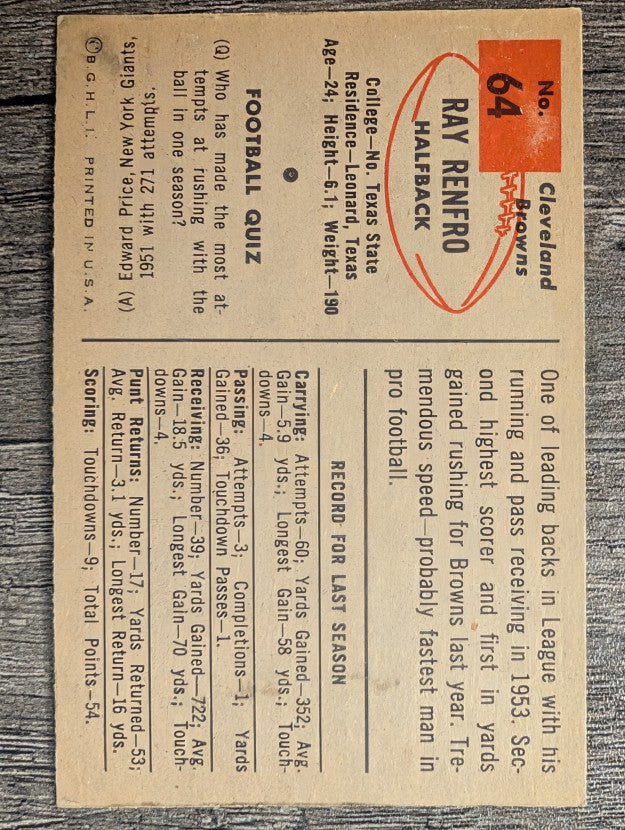 1954 Bowman #64 Ray Renfro (EX)