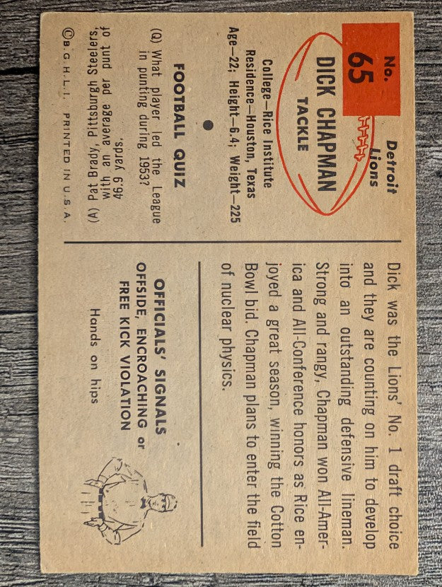 1954 Bowman #65 Dick Chapman SP RC (VGEX)