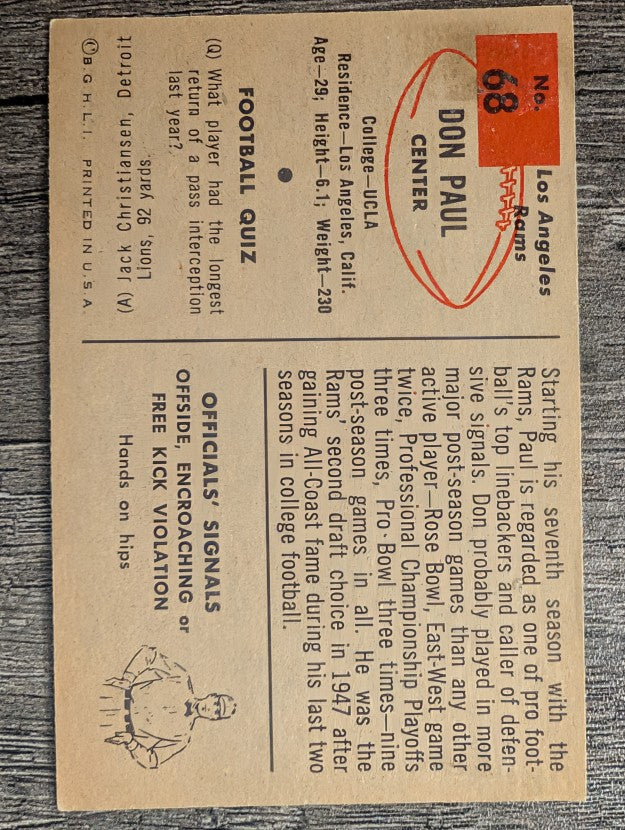 1954 Bowman #68 Don Paul LB SP (EX)