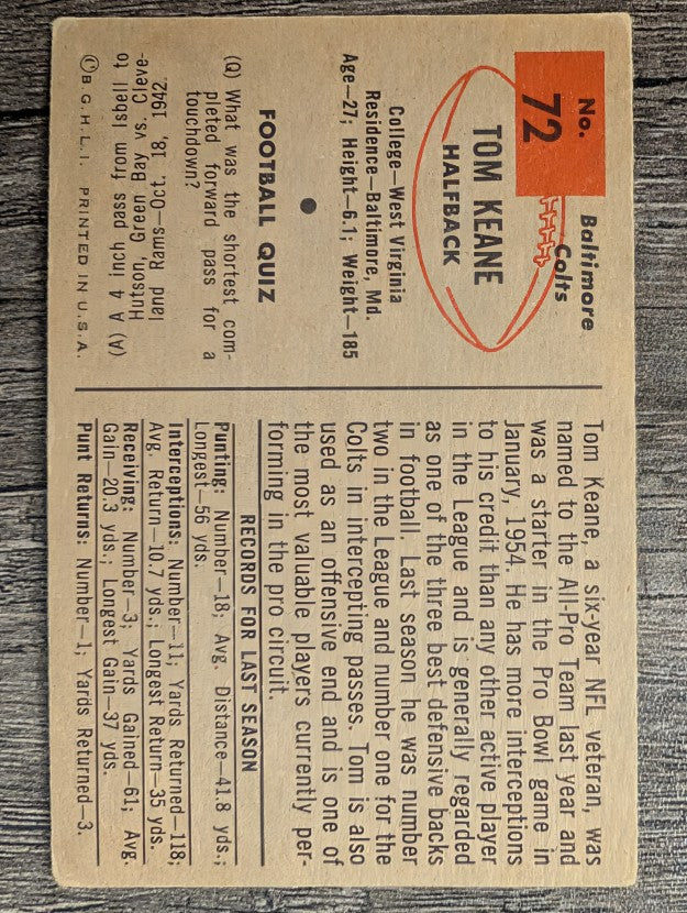 1954 Bowman #72 Tom Keane SP RC (VG)