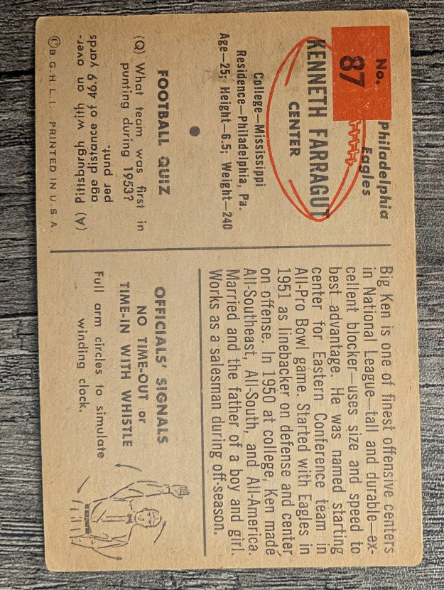 1954 Bowman #87 Kenneth Farragut SP RC (TRIMMED)