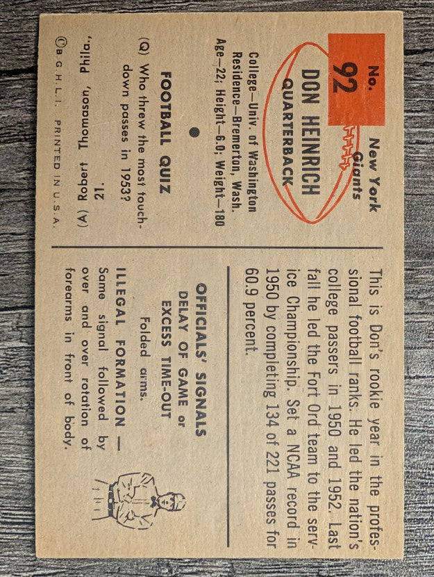 1954 Bowman #92 Don Heinrich SP RC (EX)