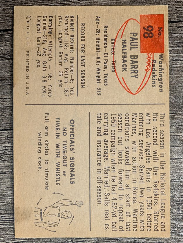 1954 Bowman #98 Paul Barry RC (VG)
