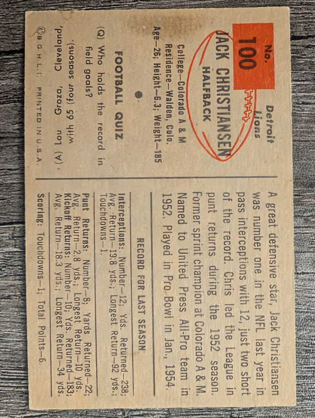 1954 Bowman #100 Jack Christiansen (EX)