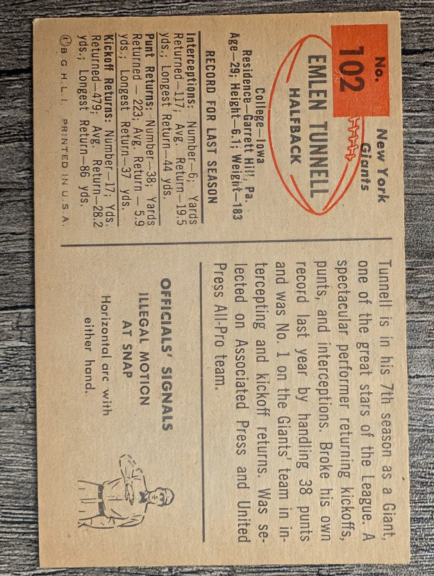 1954 Bowman #102B Emlen Tunnell COR/Name spelled Tunnell (EX)