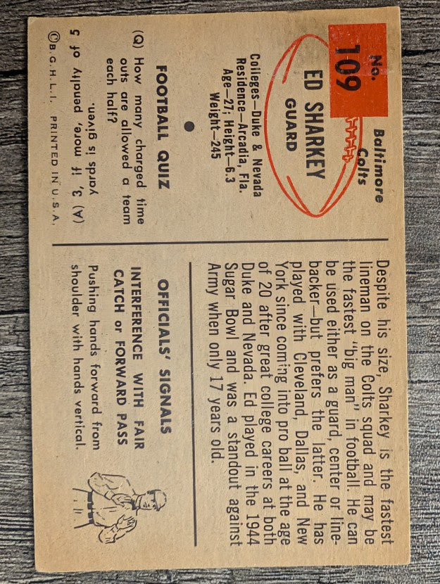 1954 Bowman #109 Ed Sharkey RC (VGEX)