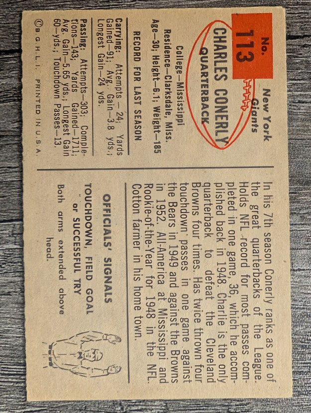 1954 Bowman #113 Charley Conerly (VGEX)