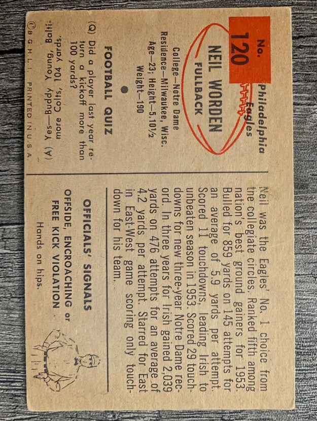 1954 Bowman #120 Neil Worden RC (VG)