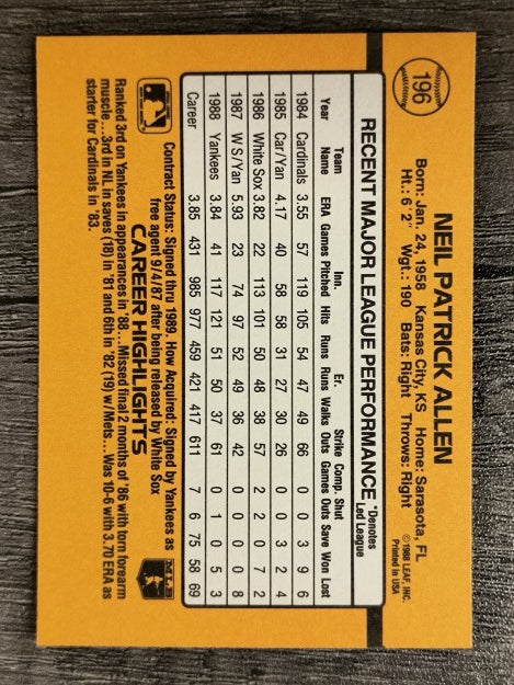 1989 Donruss #196 Neil Allen