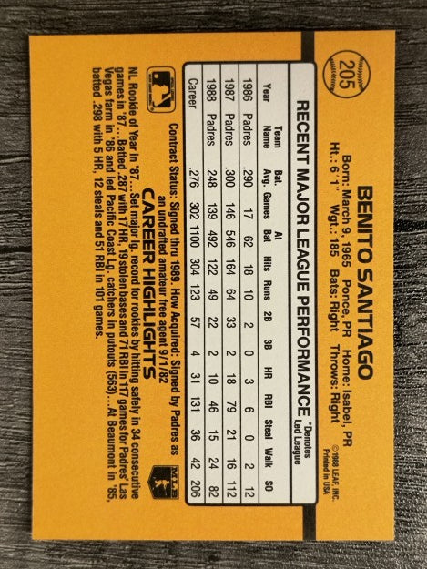 1989 Donruss #205 Benito Santiago