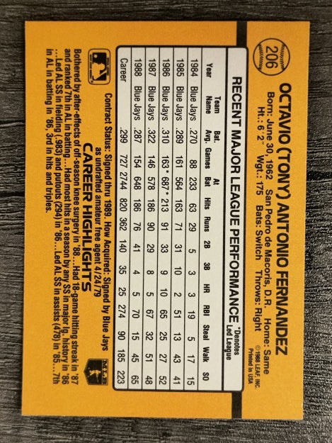 1989 Donruss #206 Tony Fernandez