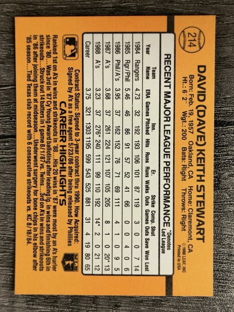 1989 Donruss #214 Dave Stewart