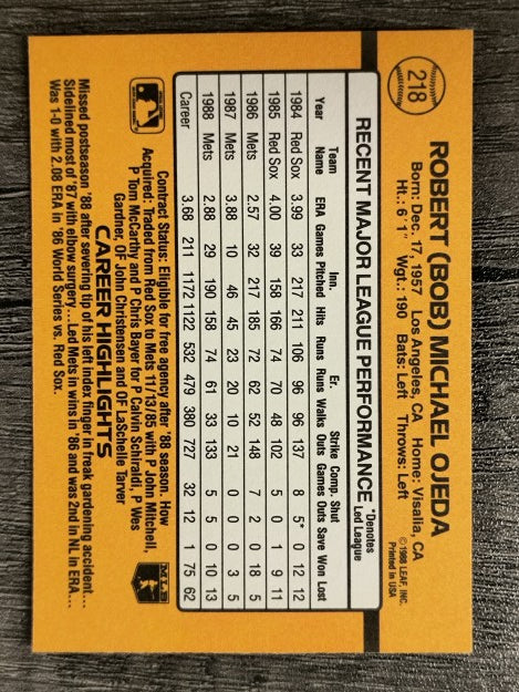 1989 Donruss #218 Bob Ojeda