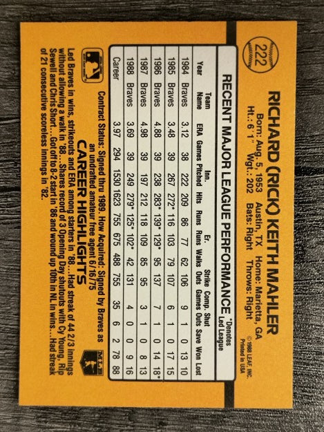 1989 Donruss #222 Rick Mahler