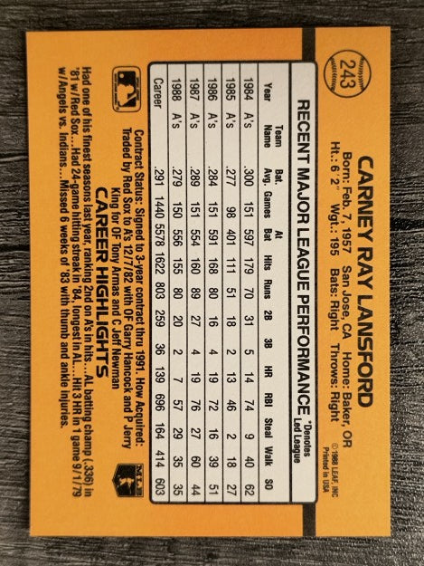 1989 Donruss #243 Carney Lansford