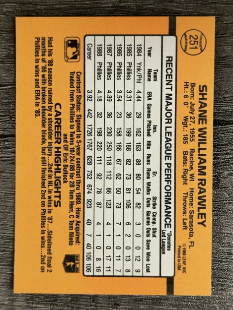1989 Donruss #251 Shane Rawley