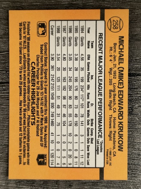 1989 Donruss #258 Mike Krukow