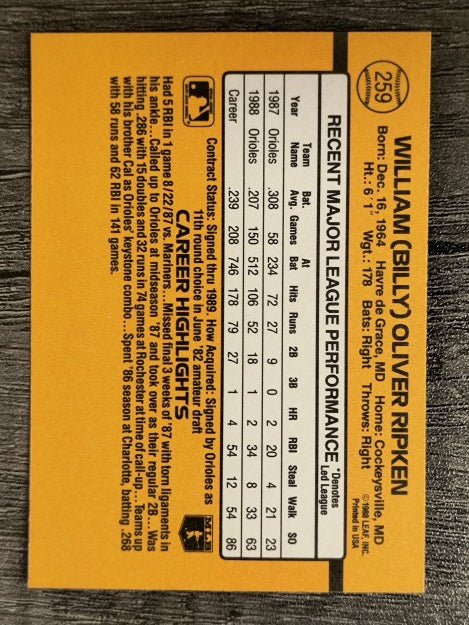 1989 Donruss #259 Billy Ripken