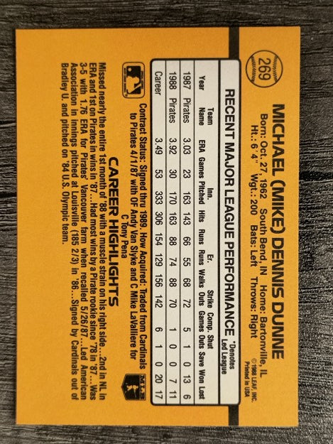 1989 Donruss #269 Mike Dunne