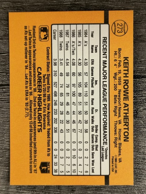 1989 Donruss #273 Keith Atherton