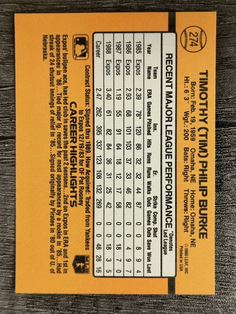 1989 Donruss #274 Tim Burke
