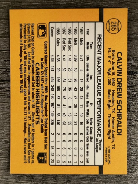 1989 Donruss #285 Calvin Schiraldi