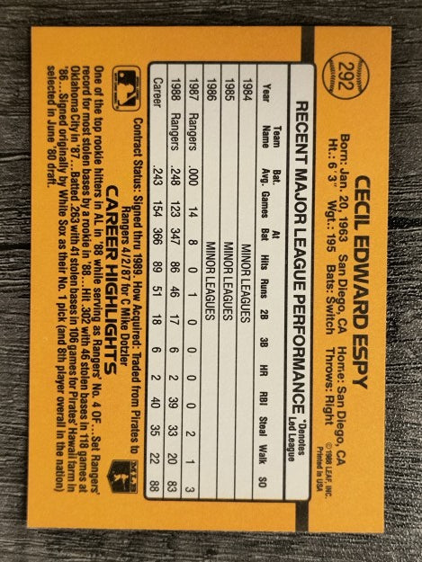 1989 Donruss #292 Cecil Espy