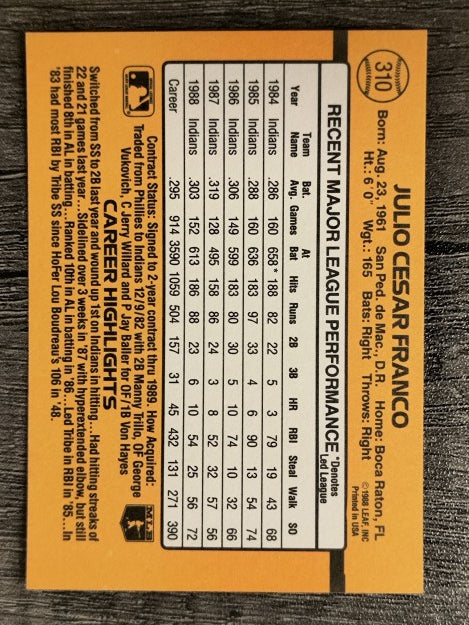 1989 Donruss #310 Julio Franco