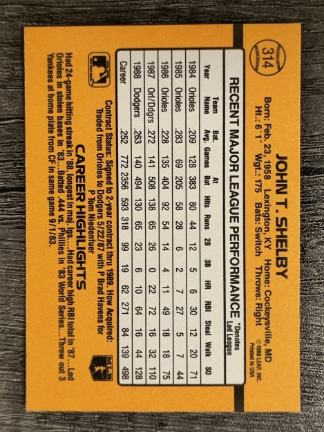 1989 Donruss #314 John Shelby
