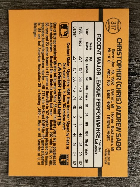 1989 Donruss #317 Chris Sabo RC