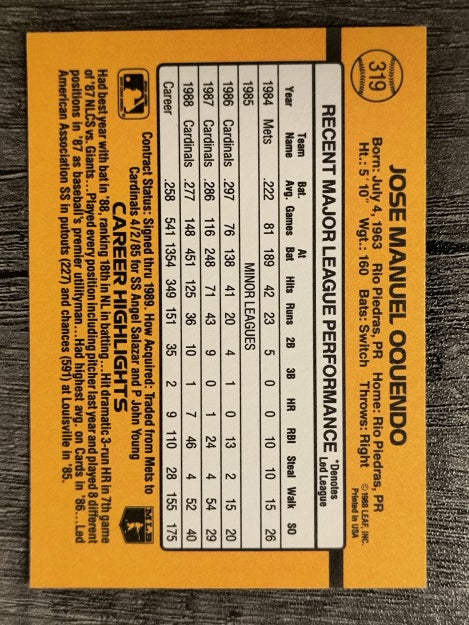 1989 Donruss #319 Jose Oquendo