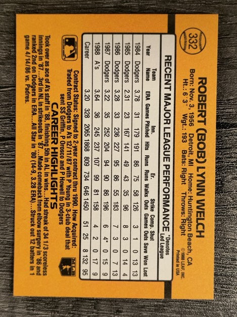 1989 Donruss #332 Bob Welch
