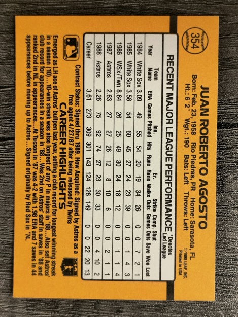 1989 Donruss #354 Juan Agosto
