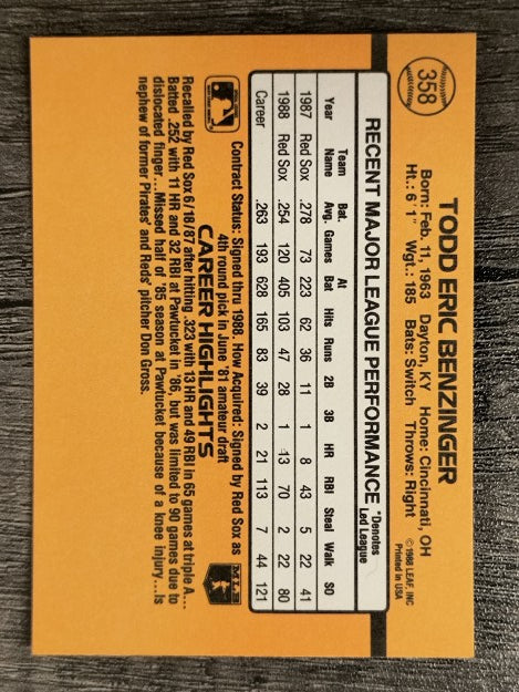 1989 Donruss #358 Todd Benzinger