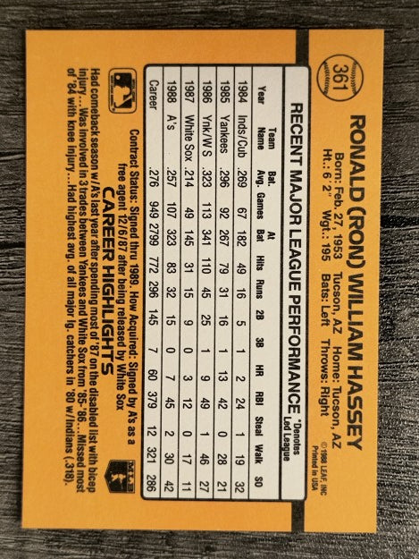 1989 Donruss #361 Ron Hassey
