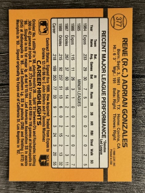 1989 Donruss #377 Rene Gonzales
