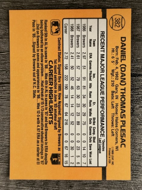 1989 Donruss #382 Dan Plesac
