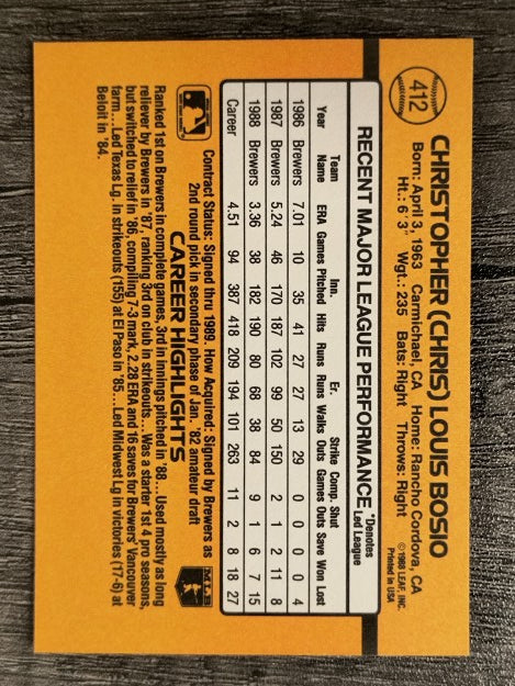 1989 Donruss #412 Chris Bosio