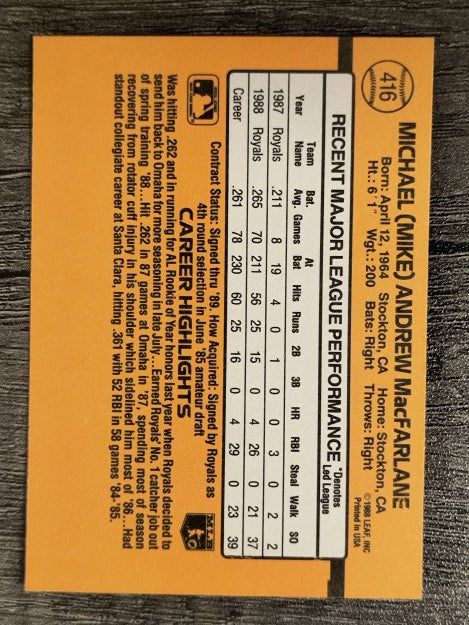 1989 Donruss #416 Mike Macfarlane RC