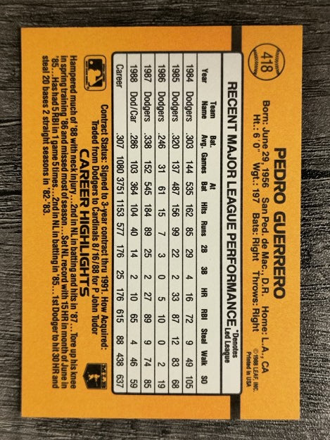 1989 Donruss #418 Pedro Guerrero