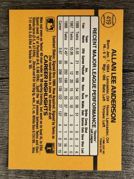 1989 Donruss #419 Allan Anderson